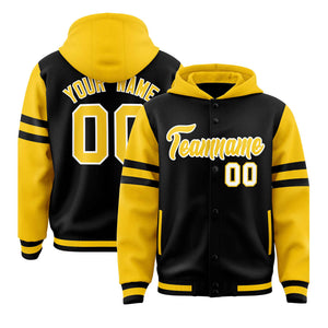 Custom Black Gold Raglan Sleeves Varsity Full-Snap Letterman Three Stripes Hoodie Jacket