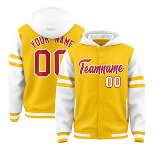 Custom Gold White Raglan Sleeves Varsity Full-Snap Letterman Three Stripes Hoodie Jacket