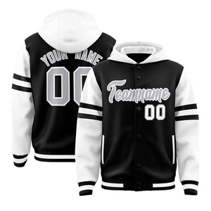 Custom Black White Raglan Sleeves Varsity Full-Snap Letterman Three Stripes Hoodie Jacket