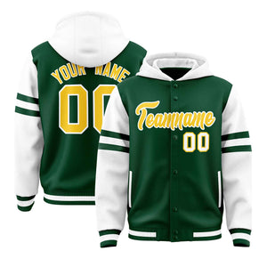 Custom Green White Raglan Sleeves Varsity Full-Snap Letterman Three Stripes Hoodie Jacket