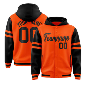 Custom Orange Black Raglan Sleeves Varsity Full-Snap Letterman Three Stripes Hoodie Jacket