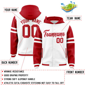 Custom White Red Raglan Sleeves Varsity Full-Snap Letterman Three Stripes Hoodie Jacket