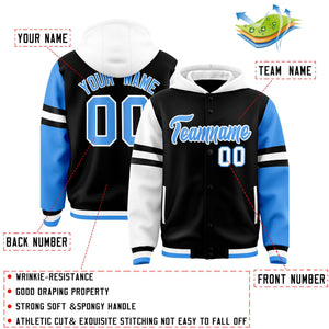 Custom Black White-Powder Blue Raglan Sleeves Varsity Full-Snap Letterman Three Stripes Hoodie Jacket