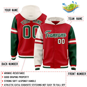 Custom Red Cream-Green Raglan Sleeves Varsity Full-Snap Letterman Three Stripes Hoodie Jacket