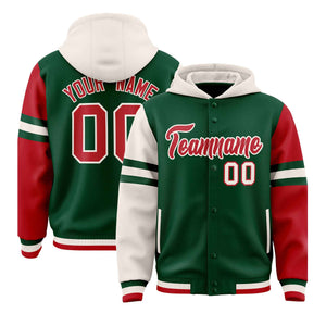 Custom Green Cream-Red Raglan Sleeves Varsity Full-Snap Letterman Three Stripes Hoodie Jacket