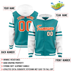 Custom Aqua White Raglan Sleeves Varsity Full-Snap Letterman Three Stripes Hoodie Jacket