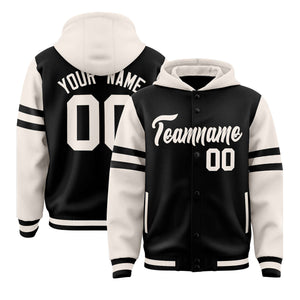 Custom Black Cream Raglan Sleeves Varsity Full-Snap Letterman Three Stripes Hoodie Jacket