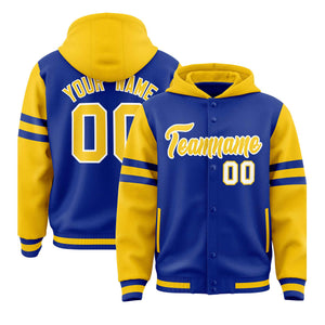 Custom Royal Gold Raglan Sleeves Varsity Full-Snap Letterman Three Stripes Hoodie Jacket