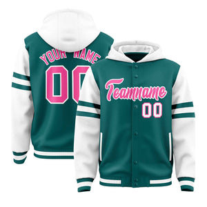 Custom Aqua White Raglan Sleeves Varsity Full-Snap Letterman Three Stripes Hoodie Jacket