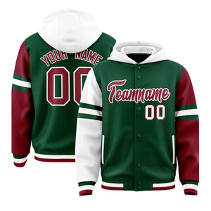 Custom Green White-Crimson Raglan Sleeves Varsity Full-Snap Letterman Three Stripes Hoodie Jacket