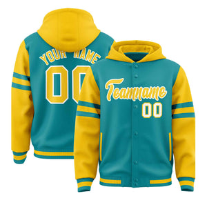 Custom Aqua Gold Raglan Sleeves Varsity Full-Snap Letterman Three Stripes Hoodie Jacket