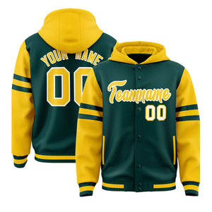 Custom Midnight Green Gold Raglan Sleeves Varsity Full-Snap Letterman Three Stripes Hoodie Jacket