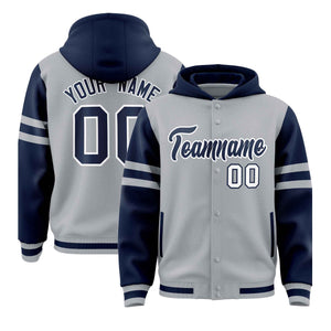 Custom Silver Navy Raglan Sleeves Varsity Full-Snap Letterman Three Stripes Hoodie Jacket