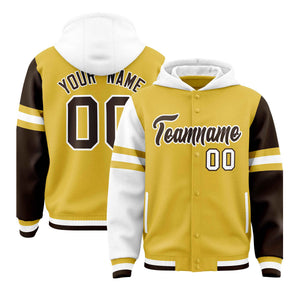 Custom Old Gold White-Brown Raglan Sleeves Varsity Full-Snap Letterman Three Stripes Hoodie Jacket