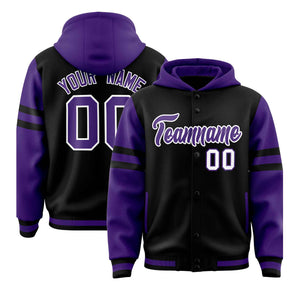 Custom Black Purple Raglan Sleeves Varsity Full-Snap Letterman Three Stripes Hoodie Jacket