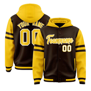 Custom Brown Gold Raglan Sleeves Varsity Full-Snap Letterman Three Stripes Hoodie Jacket