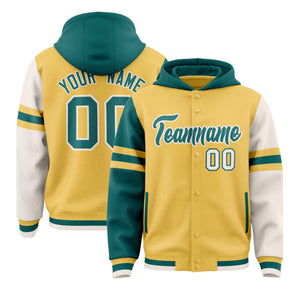 Custom Khaki Aqua-Cream Raglan Sleeves Varsity Full-Snap Letterman Three Stripes Hoodie Jacket