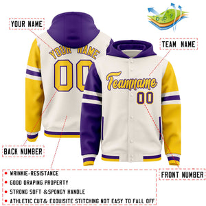 Custom Cream Purple-Gold Raglan Sleeves Varsity Full-Snap Letterman Three Stripes Hoodie Jacket