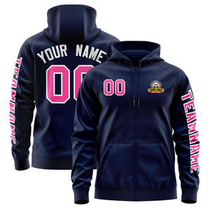 Custom Navy Pink Varsity Full-Zip Letterman Classic Hoodie Jacket