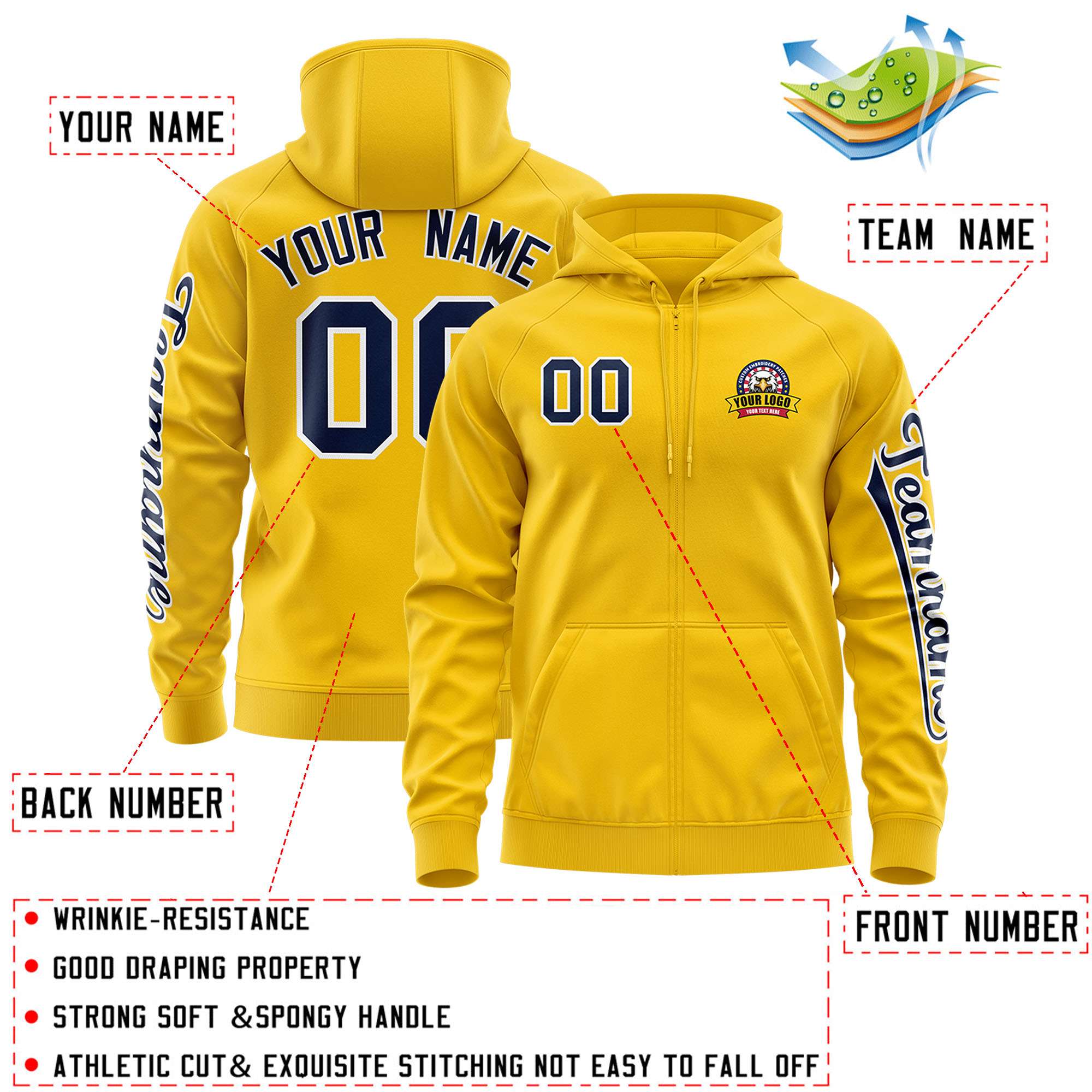 Custom Gold Navy Varsity Full-Zip Letterman Classic Hoodie Jacket