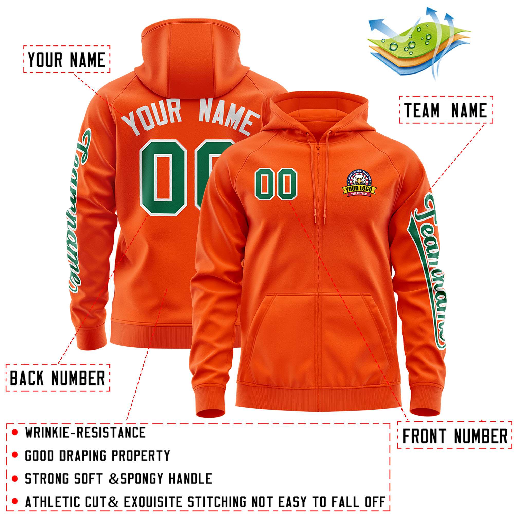 Custom Orange Kelly Green Varsity Full-Zip Letterman Classic Hoodie Jacket