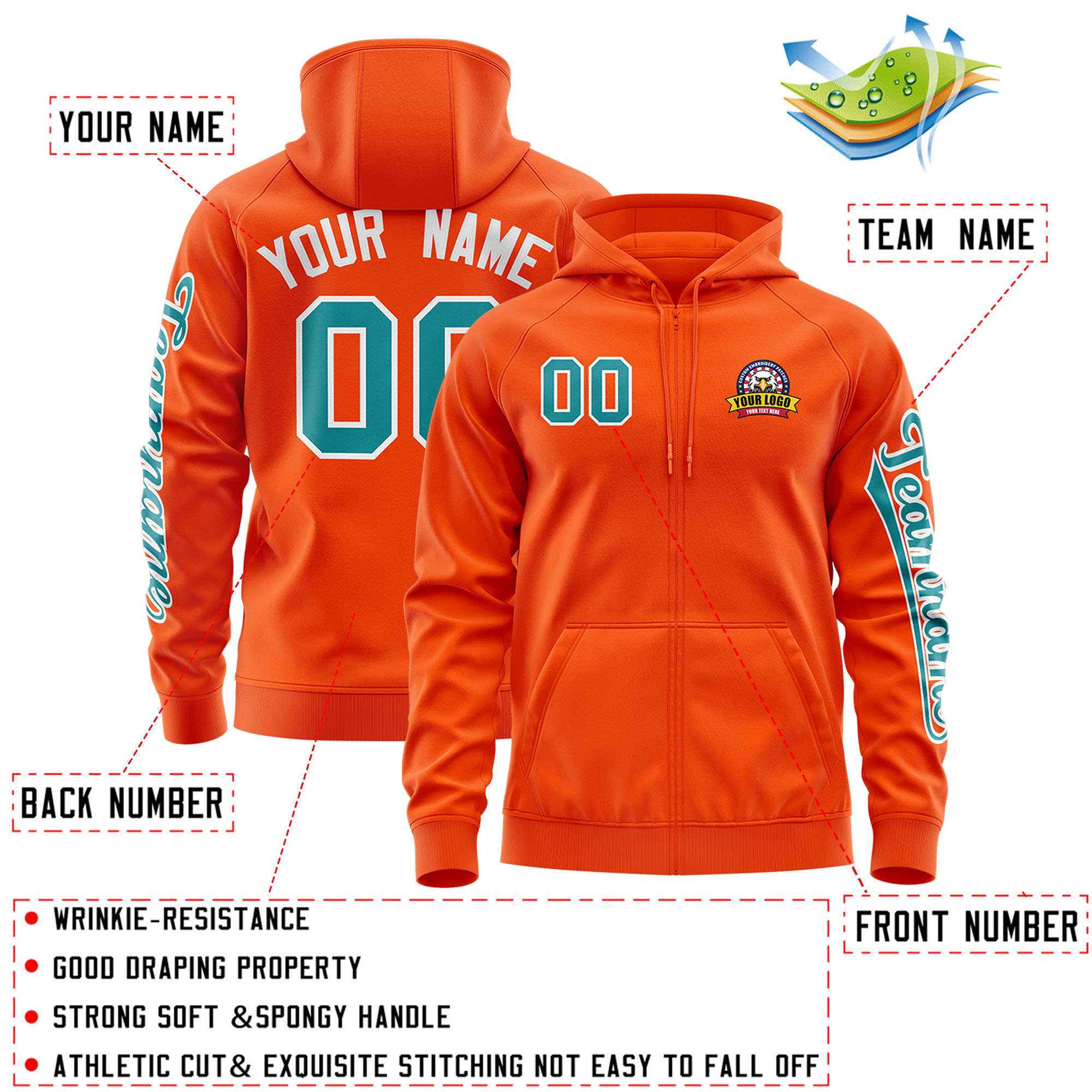 Custom Orange Aqua Varsity Full-Zip Letterman Classic Hoodie Jacket