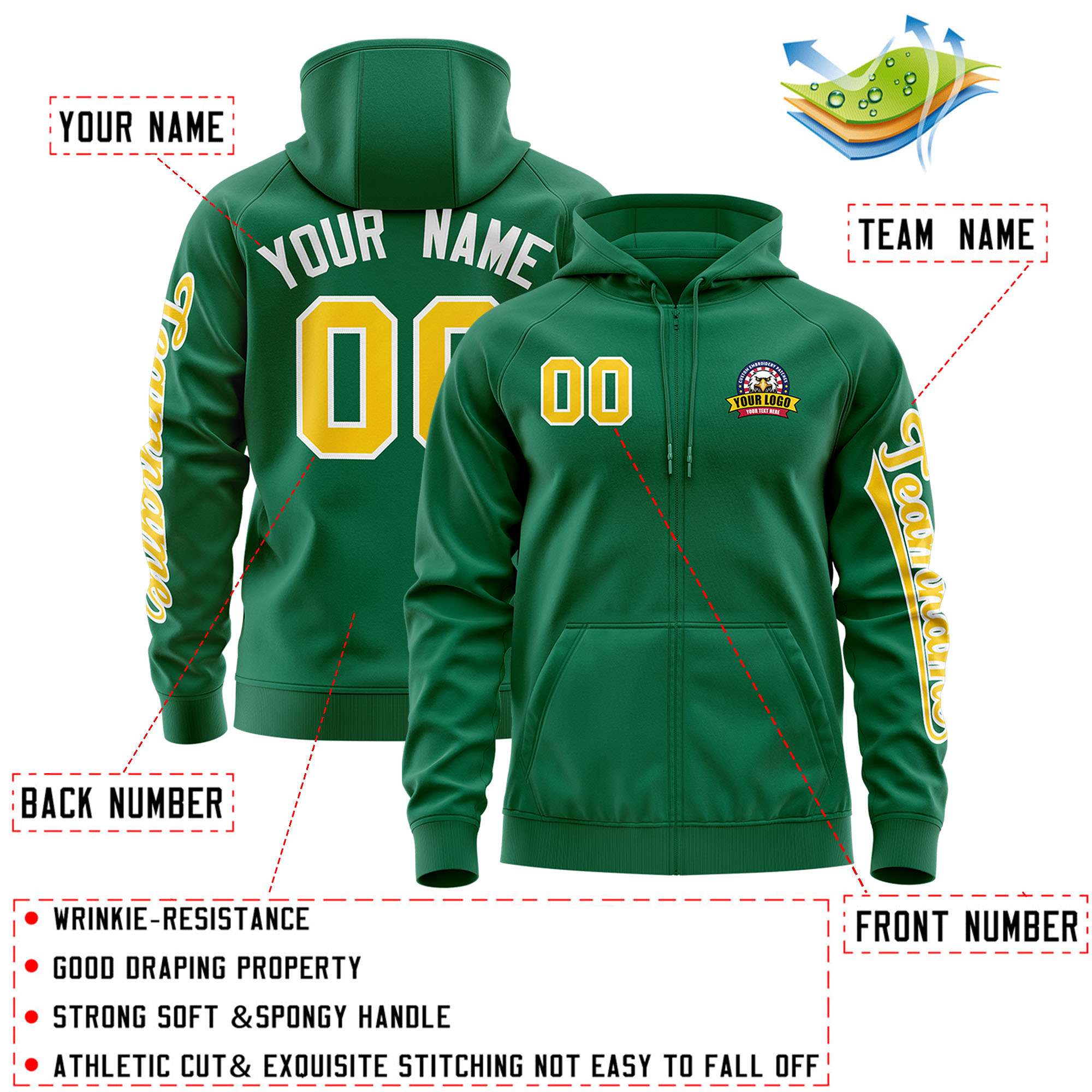 Custom Kelly Green Gold Varsity Full-Zip Letterman Classic Hoodie Jacket