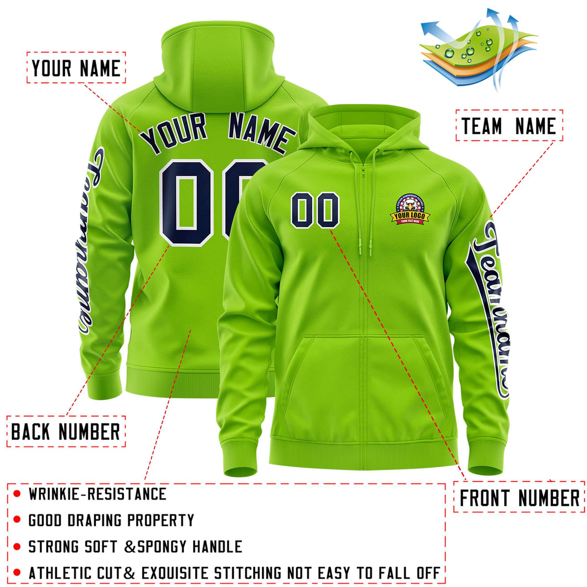 Custom Neon Green Navy Varsity Full-Zip Letterman Classic Hoodie Jacket