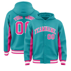 Custom Aqua Pink Color Block Varsity Full-Snap Letterman Hoodie Jacket