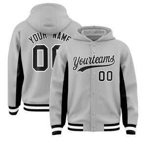 Custom Gray Black Color Block Varsity Full-Snap Letterman Hoodie Jacket