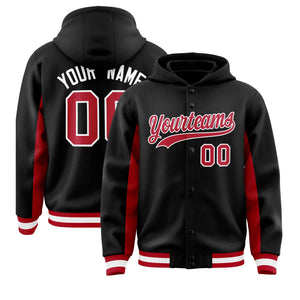 Custom Black Red Color Block Varsity Full-Snap Letterman Hoodie Jacket