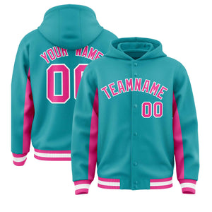 Custom Aqua Pink Color Block Varsity Full-Snap Letterman Hoodie Jacket