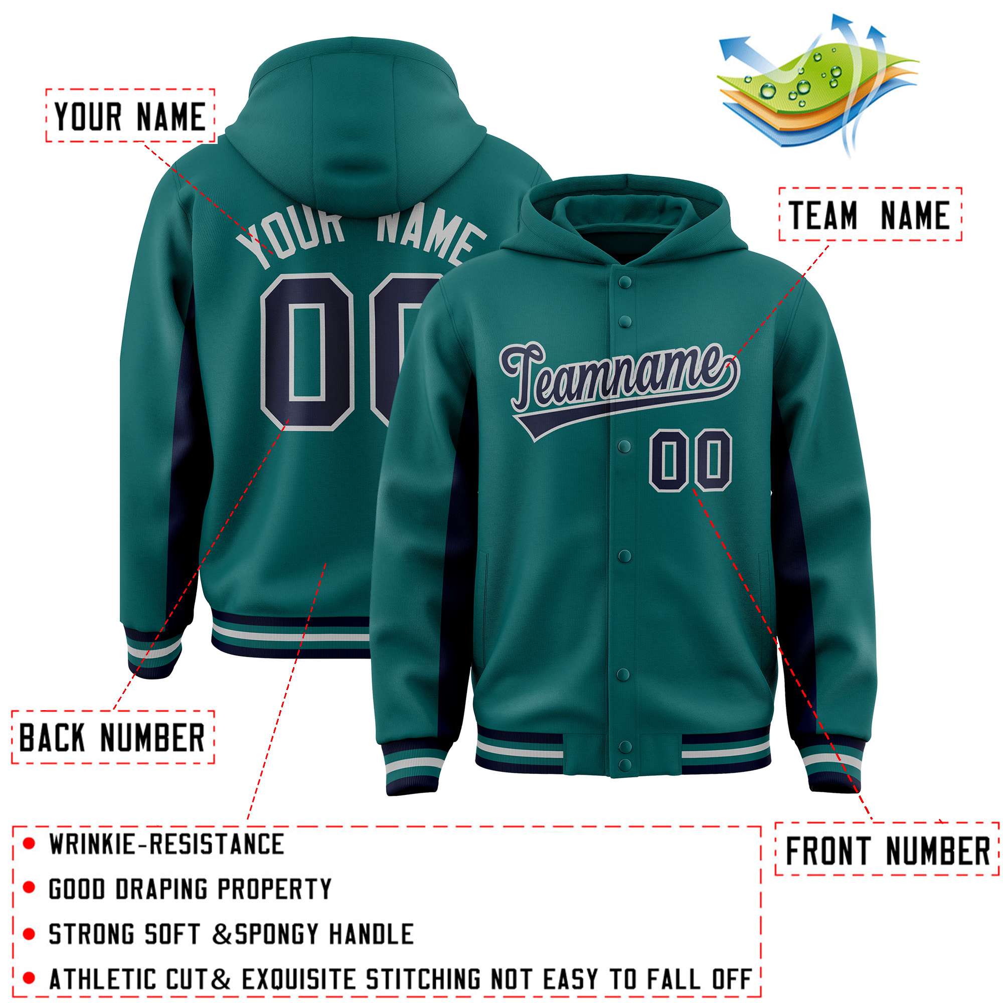 Custom Aqua Navy Color Block Varsity Full-Snap Letterman Hoodie Jacket