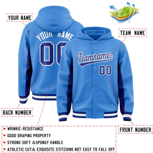 Custom Powder Blue Royal Color Block Varsity Full-Snap Letterman Hoodie Jacket