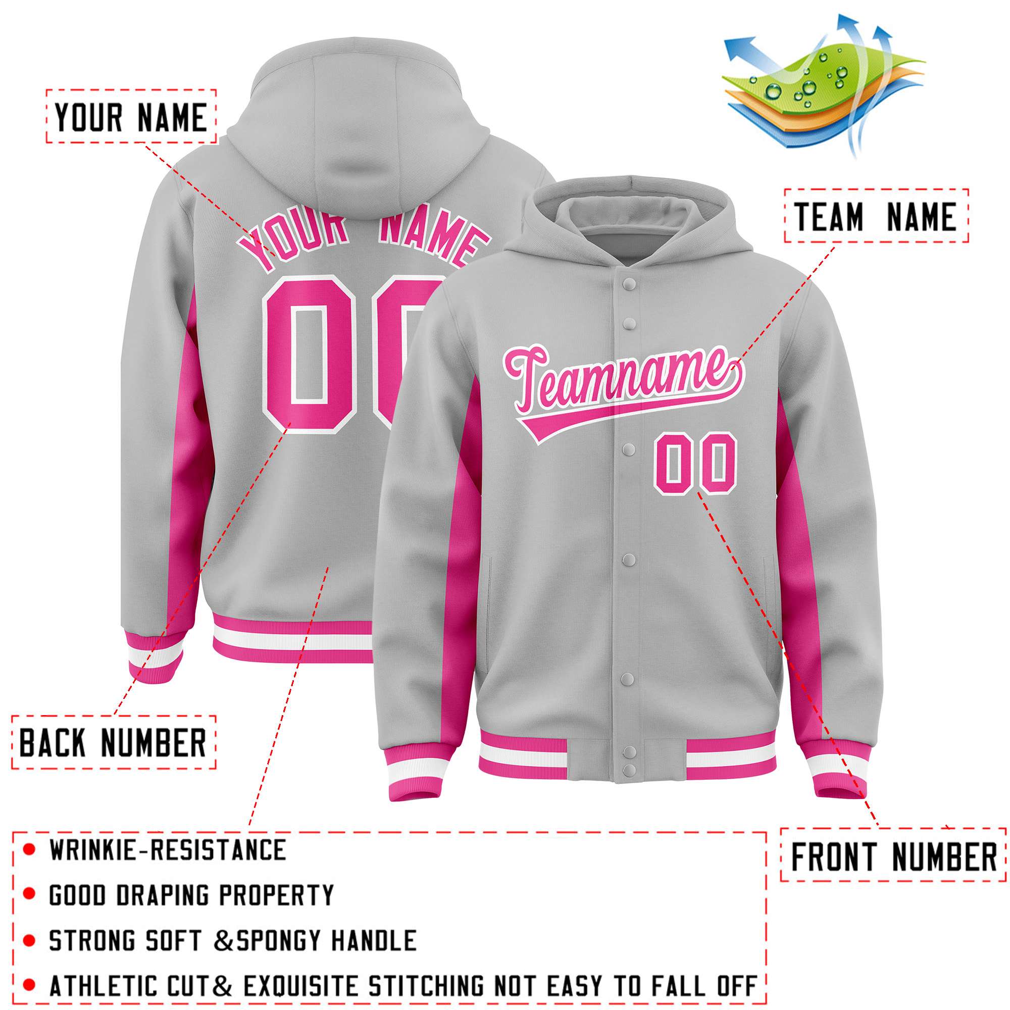 Custom Gray Pink Color Block Varsity Full-Snap Letterman Hoodie Jacket