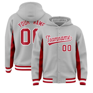 Custom Gray Red Color Block Varsity Full-Snap Letterman Hoodie Jacket