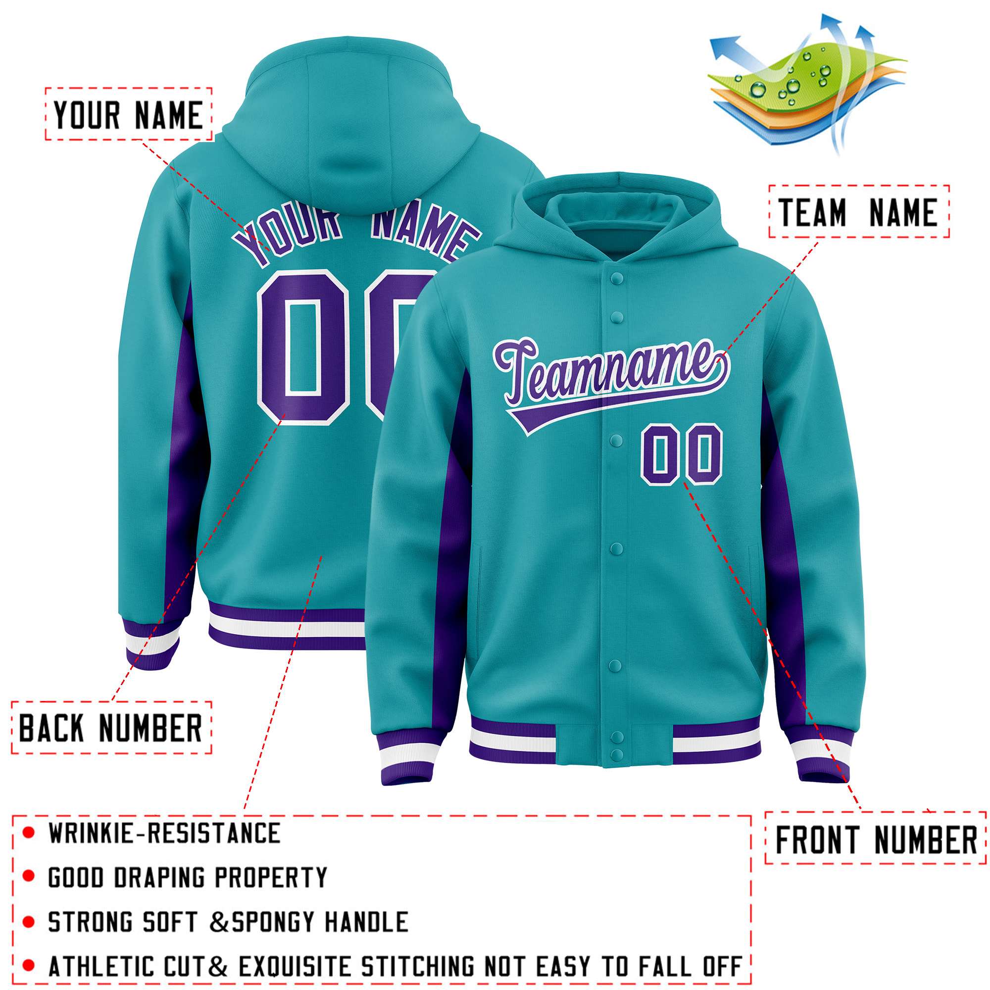 Custom Aqua Purple Color Block Varsity Full-Snap Letterman Hoodie Jacket