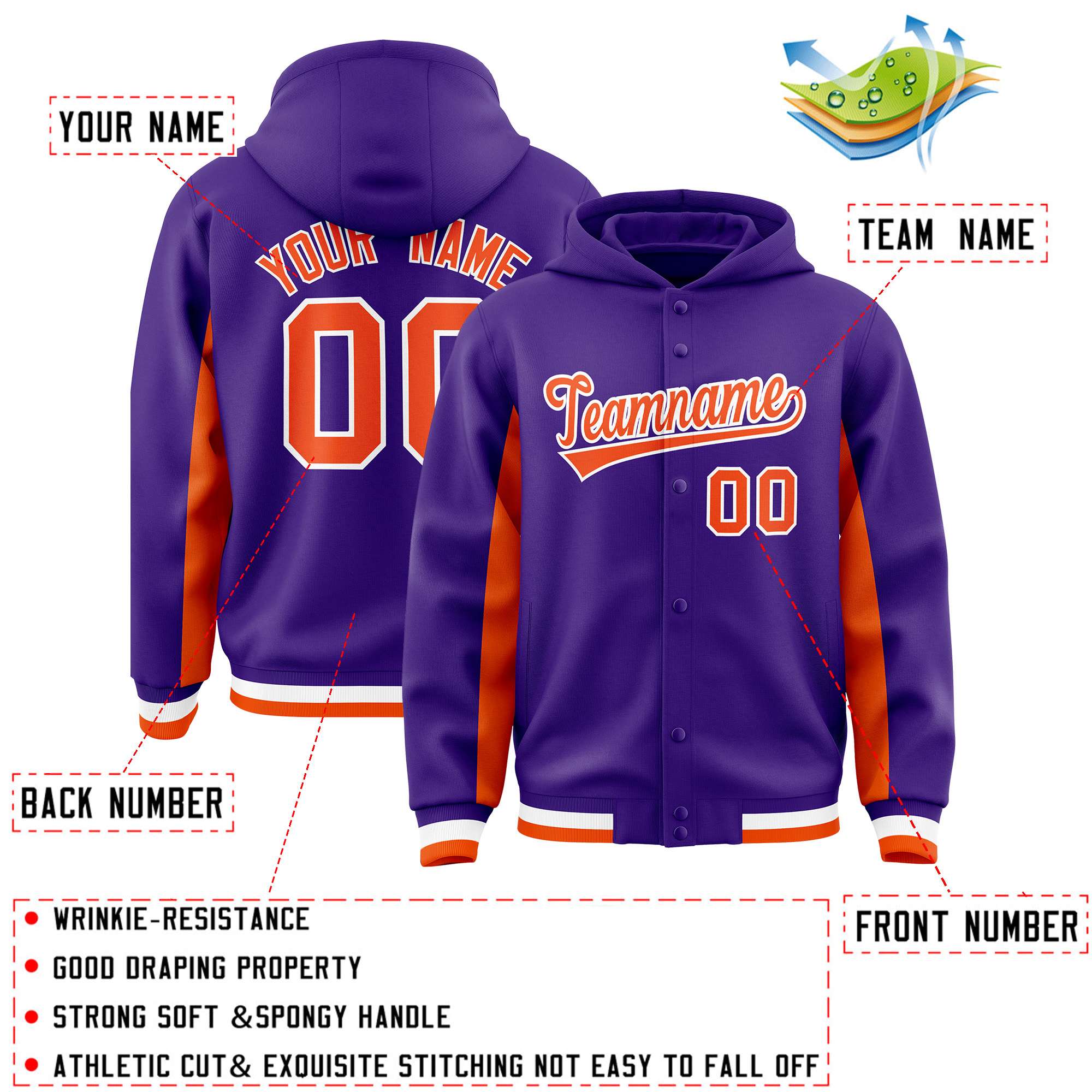 Custom Purple Orange Color Block Varsity Full-Snap Letterman Hoodie Jacket