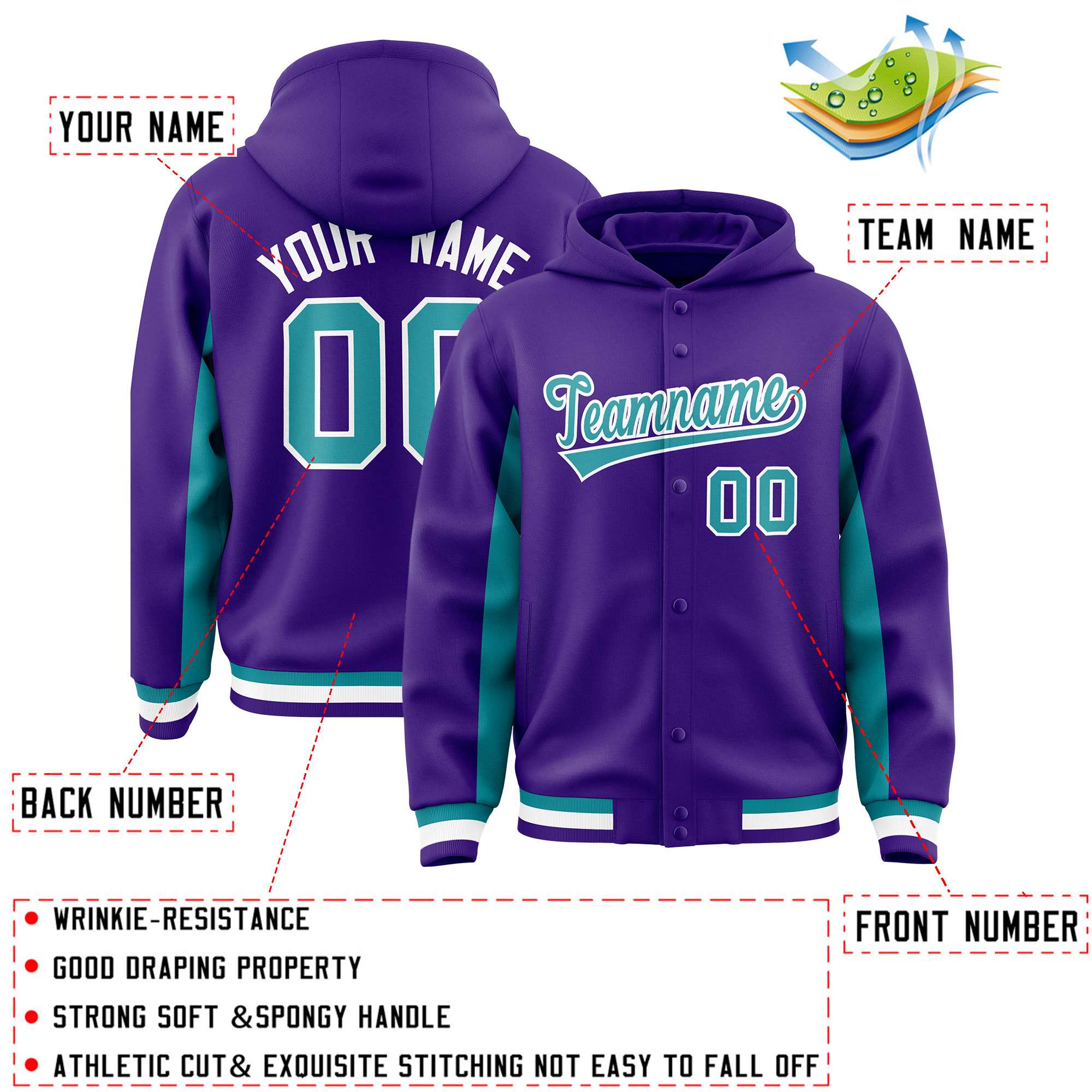 Custom Purple Aqua Color Block Varsity Full-Snap Letterman Hoodie Jacket