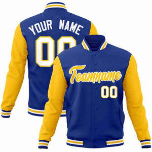 Veste Letterman Varsity à manches raglan personnalisées Royal Gold-White