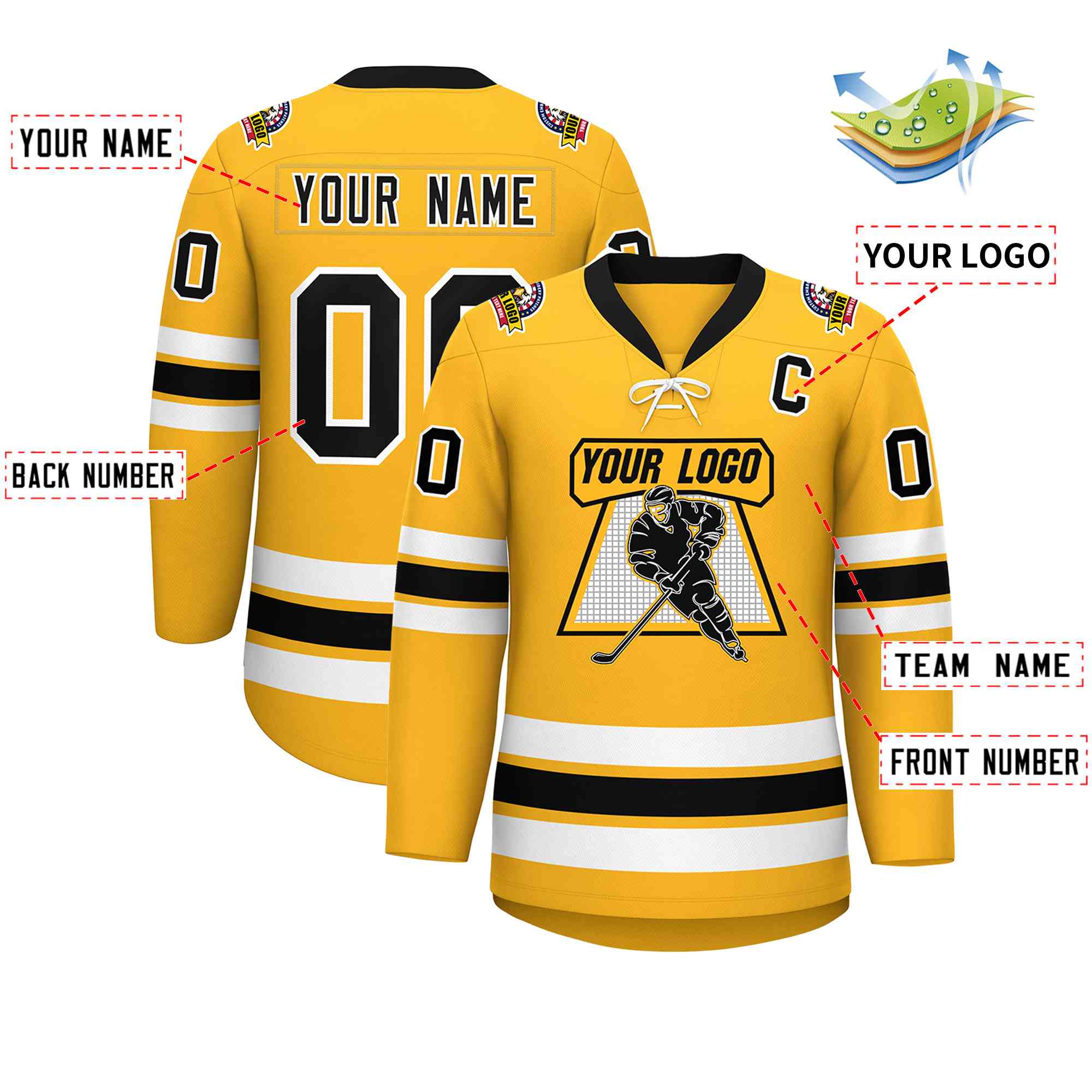 Custom Gold Black-White Lace-Up Neck Hockey Jersey