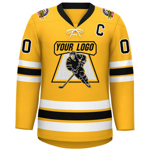 Custom Gold Black-White Lace-Up Neck Hockey Jersey