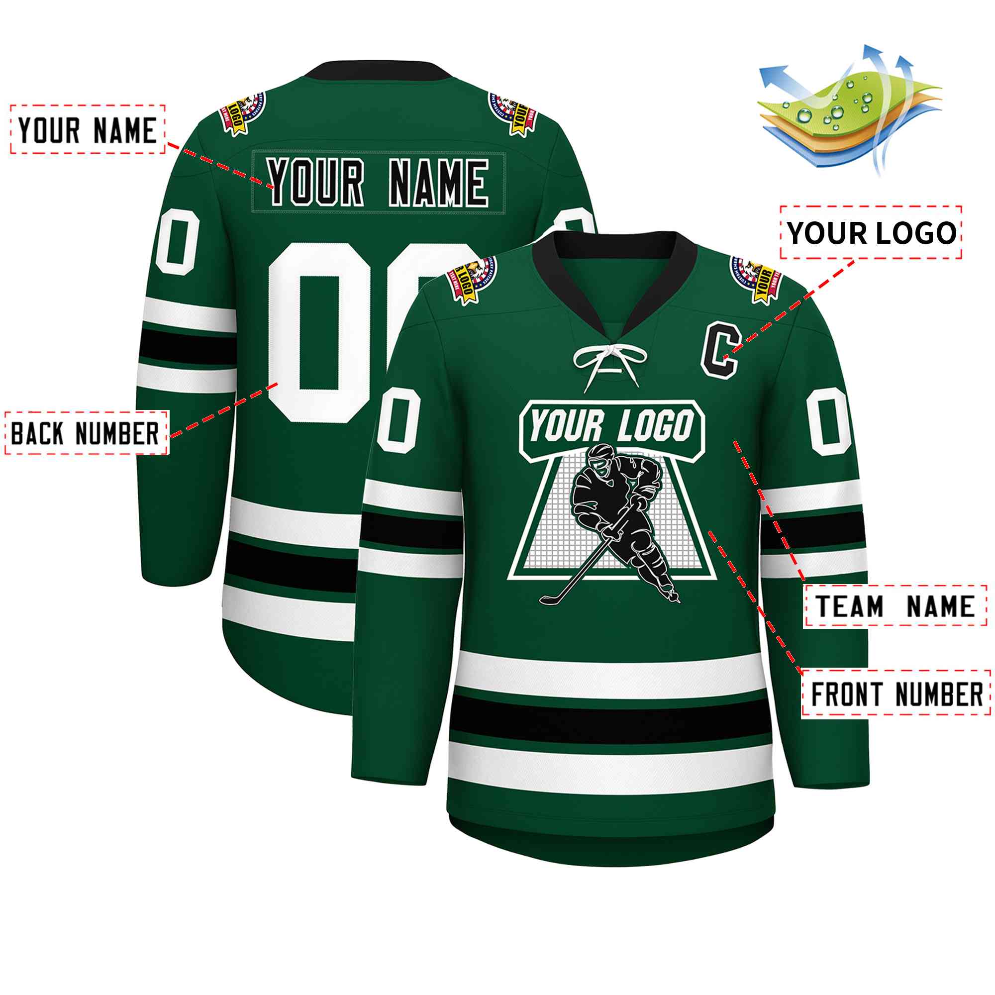 Custom Green Black-White Lace-Up Neck Hockey Jersey