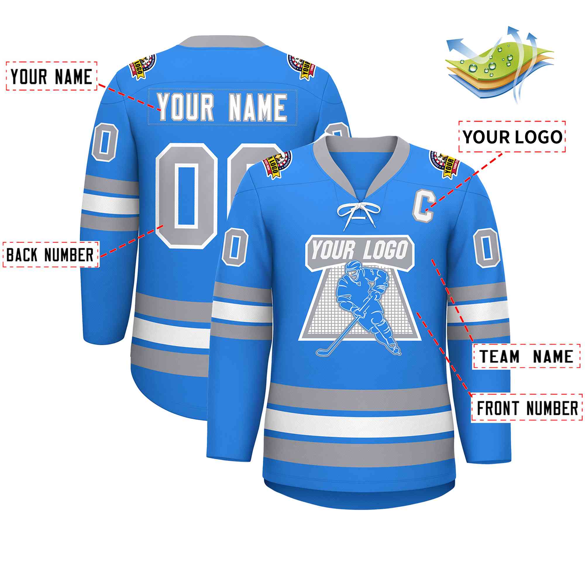 Custom Powder Blue White-Gray Lace-Up Neck Hockey Jersey