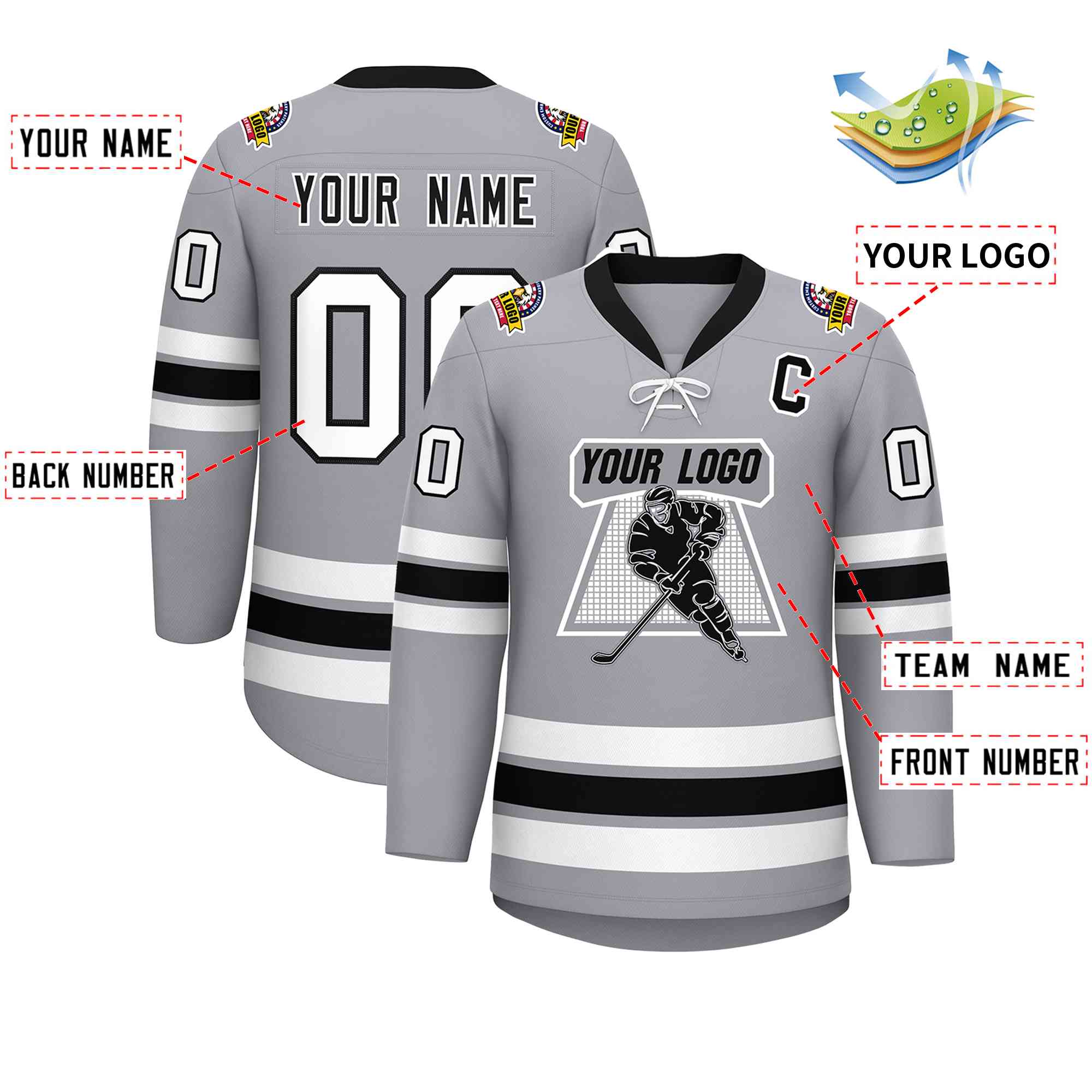 Custom Gray Black-White Lace-Up Neck Hockey Jersey