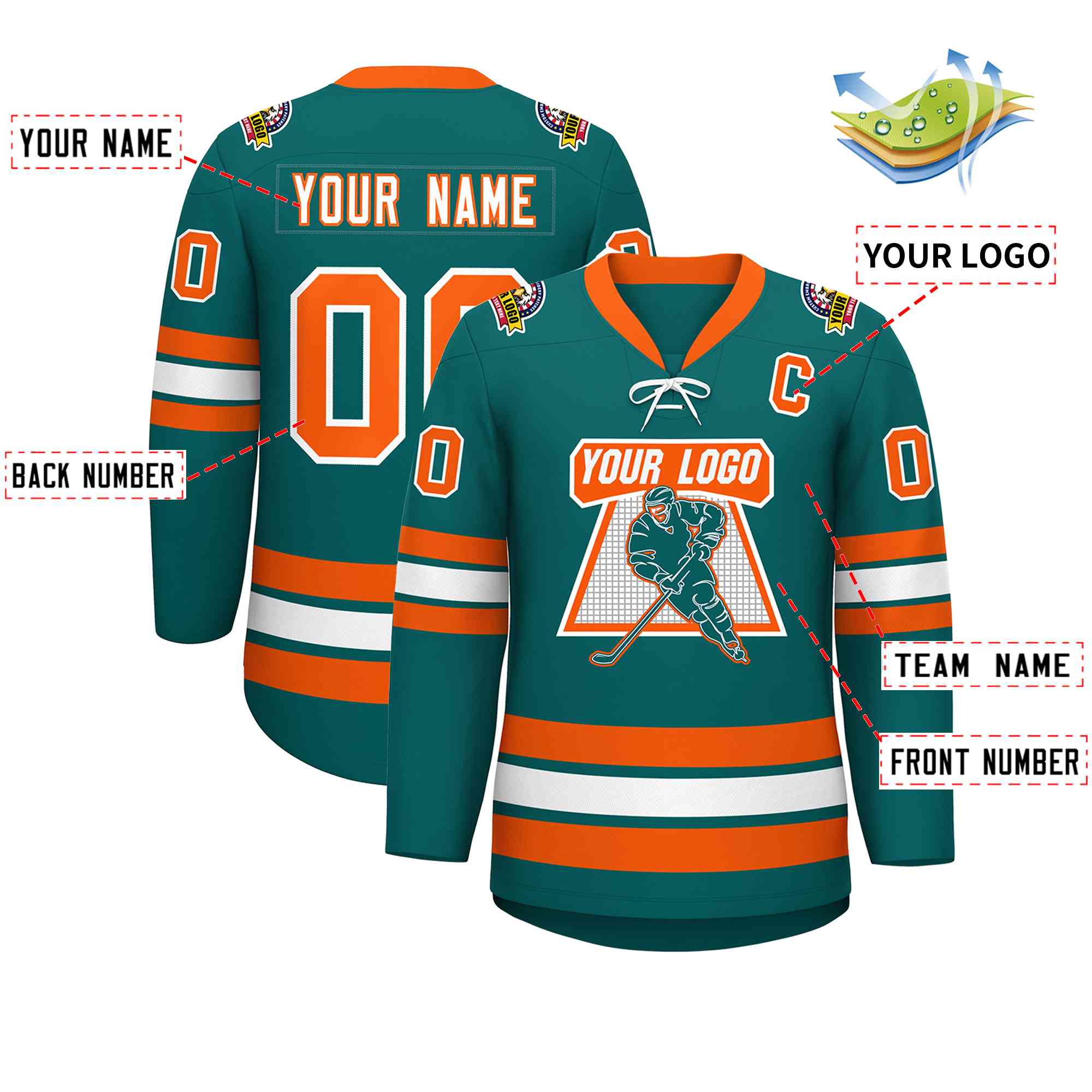 Custom Aqua White-Orange Lace-Up Neck Hockey Jersey