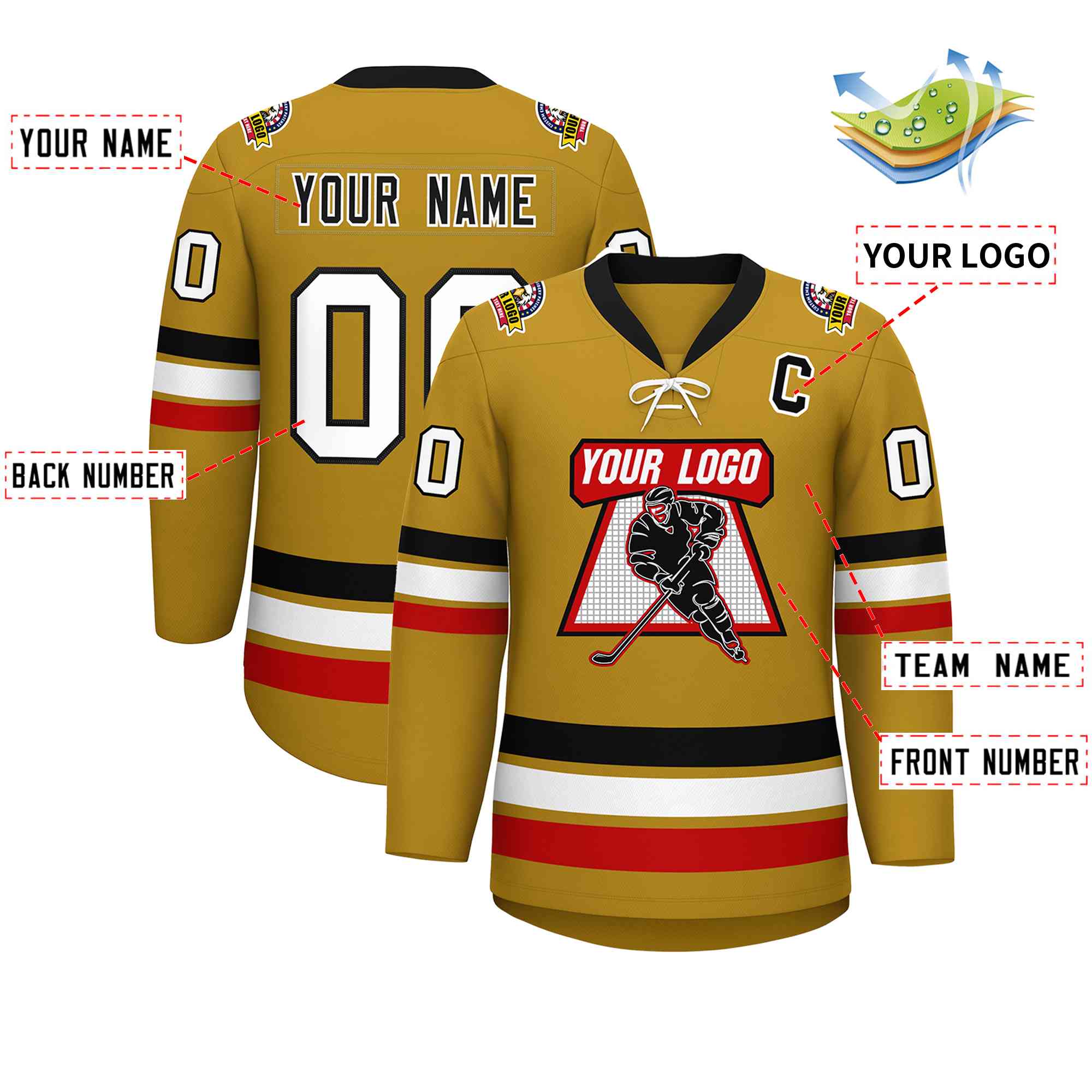 Custom Old Gold Black-White Lace-Up Neck Hockey Jersey