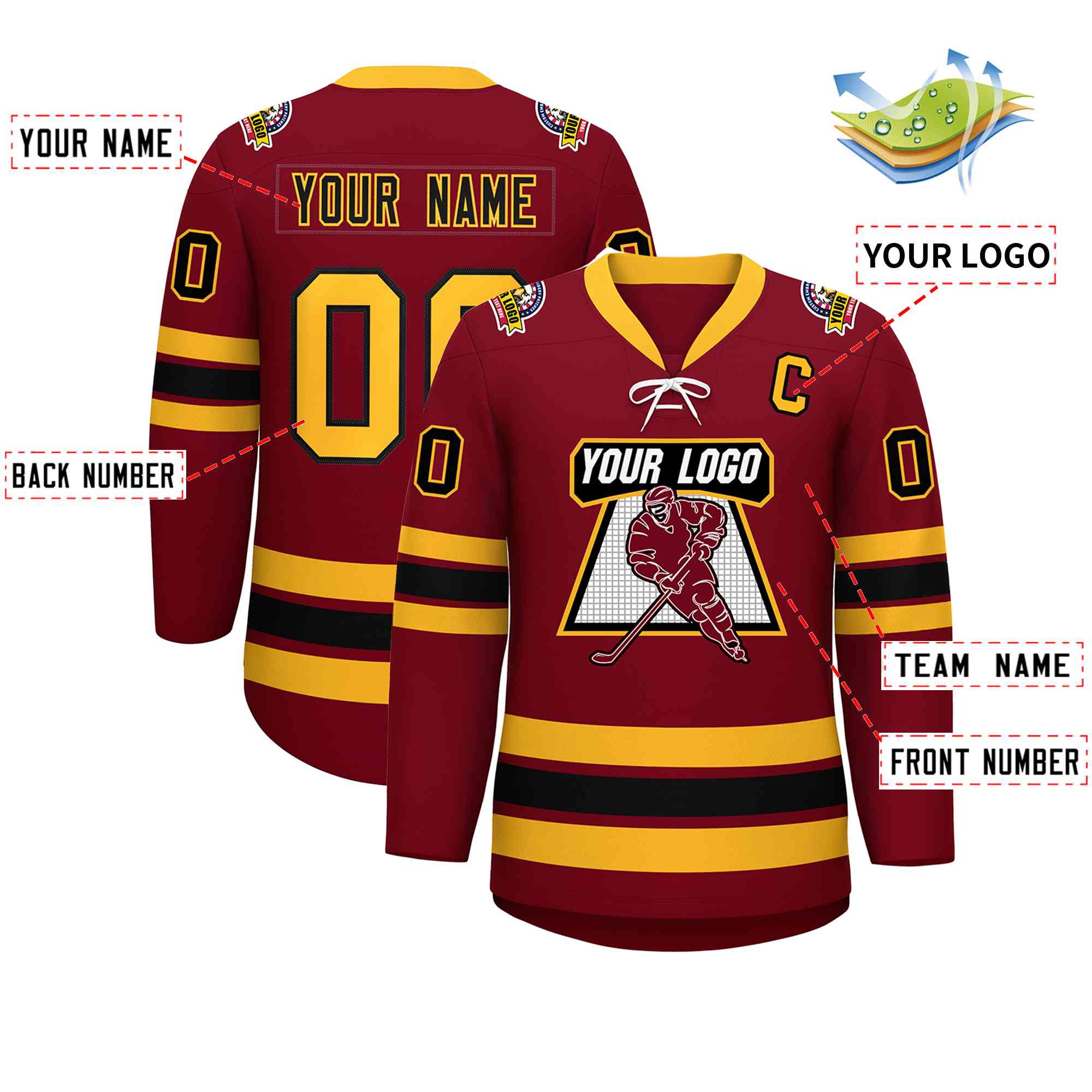 Custom Crimson Black-Yellow Lace-Up Neck Hockey Jersey