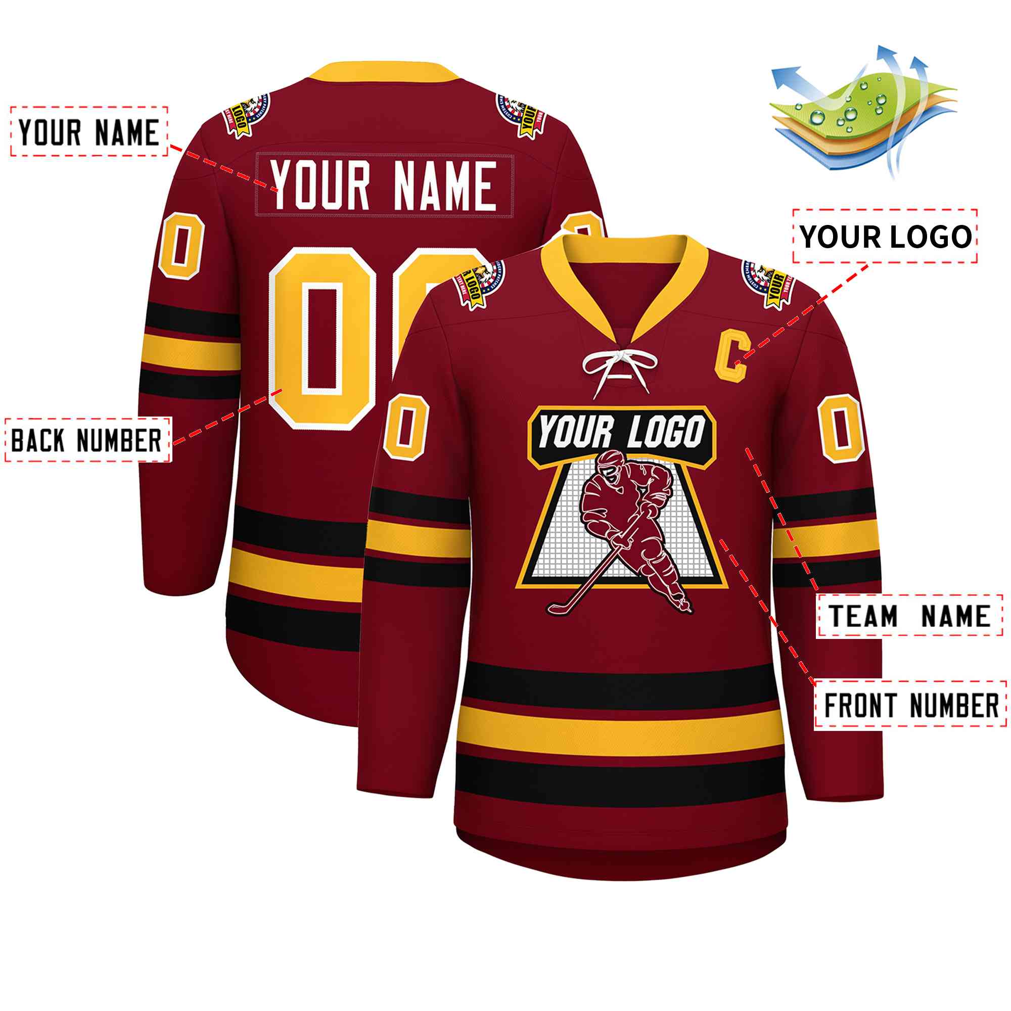 Custom Crimson Yellow-Black Lace-Up Neck Hockey Jersey