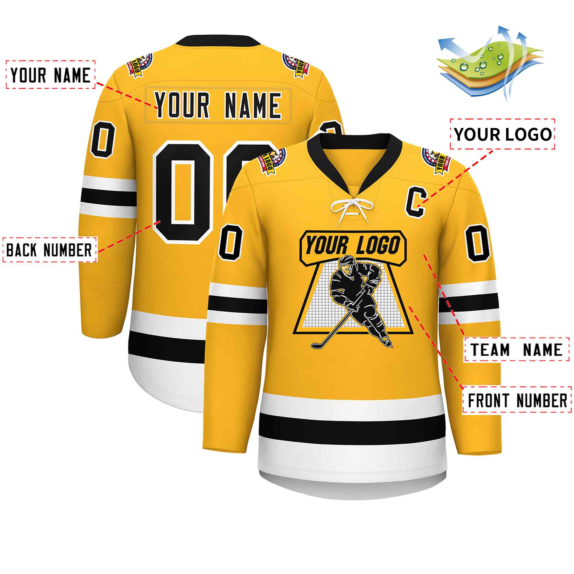 Custom Gold Black-White Lace-Up Neck Hockey Jersey